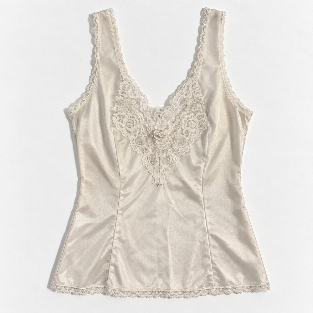 Vtg Cami Ivory Satin Silky Lace V-Neck Tank Top S Romantic Ethereal Whimsigoth